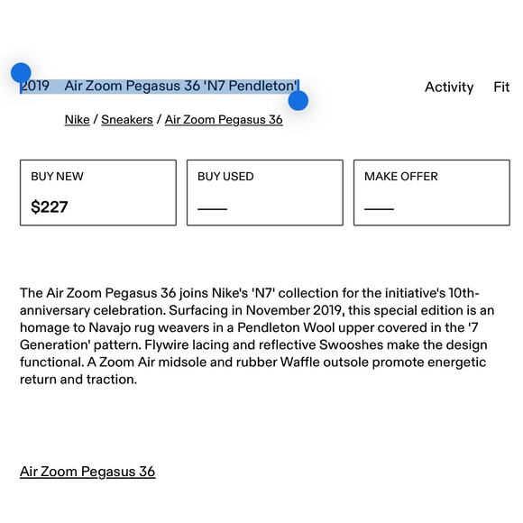 Nike 2019 Air Zoom Pegasus 36 'N7 Pendleton Collab - Picture 2 of 16